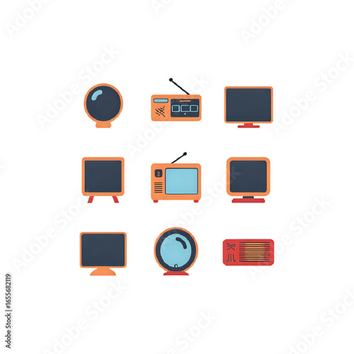 Set of 10 Retro 1980s Tech Gadget Icons – Flat Vector, Editable Colors