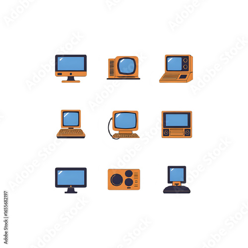 Set of 10 Retro 1980s Tech Gadget Icons – Flat Vector, Editable Colors