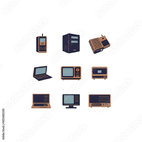 Set of 10 Retro 1980s Tech Gadget Icons – Flat Vector, Editable Colors