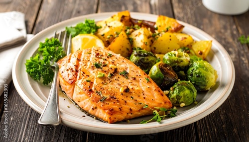 Baked salmon with roasted potatoes and Brussels sprouts
