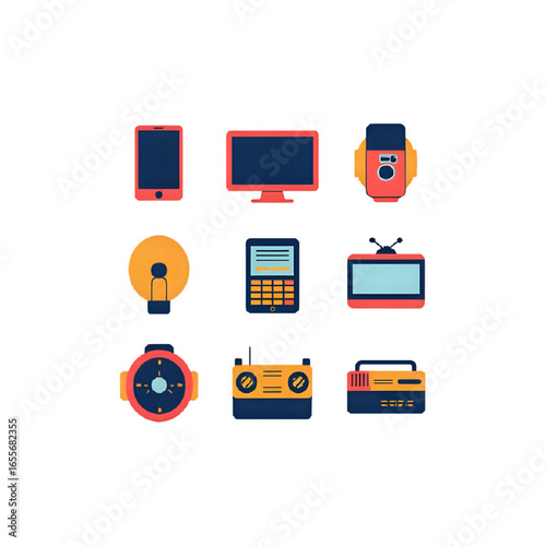 Set of 10 Retro 1980s Tech Gadget Icons – Flat Vector, Editable Colors