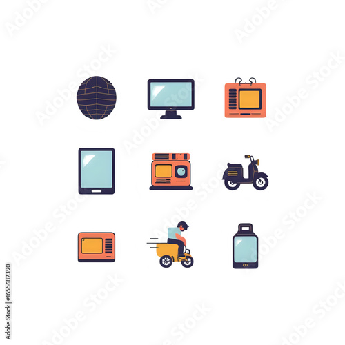 Set of 10 Retro 1980s Tech Gadget Icons – Flat Vector, Editable Colors