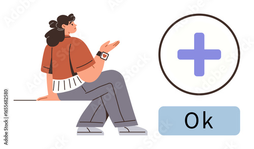 Woman in casual clothing sits and gestures near a blue medical cross and Ok button. Ideal for health, wellness, user interface, approval, consultation, positivity, simplicity. Modern flat style