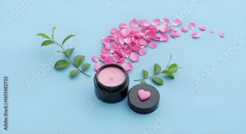 Cosmetic cream in black jar with pink rose petals and green leaves on blue background