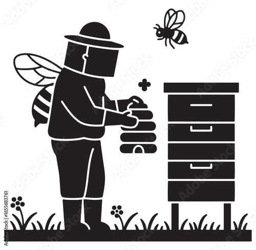 Black and white illustration of a beekeeper working with a beehive and a flying bee