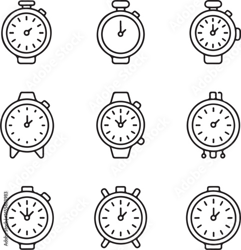 Collection of nine hand-drawn style wristwatch icons showing different times for time management and scheduling concepts silhouette