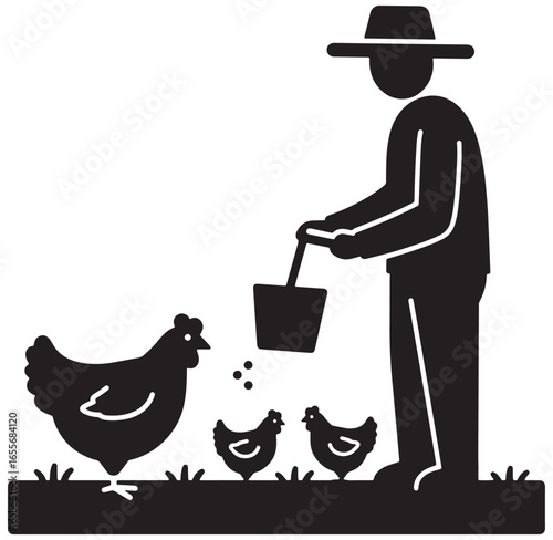 Black and white illustration of a farmer feeding chickens on a farm setting