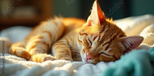 Fluffy orange tabby sleeps soundly on soft blanket, bathed in gentle light , pet, summer, sleeping