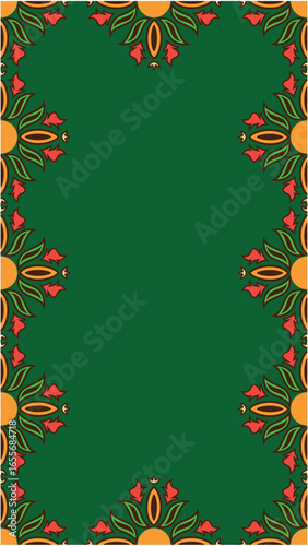 Vibrant floral border design enhances green background elegantly