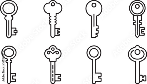 Collection of various antique and modern keys rendered as simple line art icons for security and access concepts silhouette