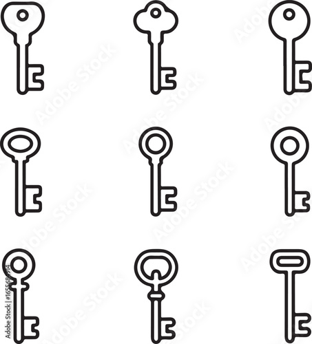 Collection of nine vintage skeleton keys in outline style with different designs and cuts for security and access silhouette