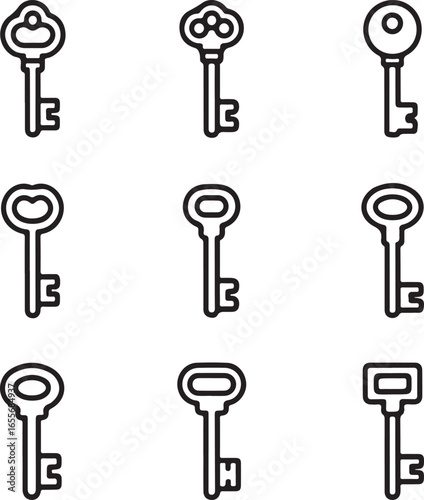 Collection of nine antique skeleton keys in a simple line art style showcasing vintage security and access solutions. silhouette