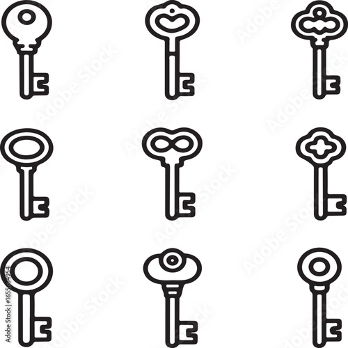 Collection of nine ornate vintage skeleton keys and antique locking mechanisms showcasing different styles and designs silhouette