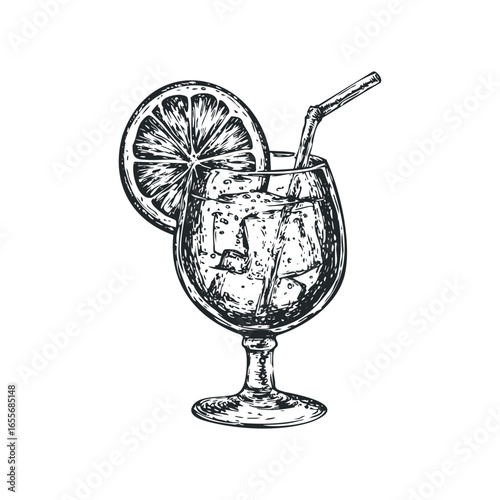 Hand drawn sketch of a refreshing iced beverage with lemon and straw