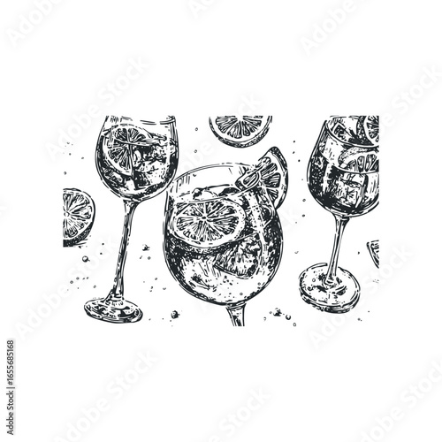 Hand Drawn Sketch of Refreshing Gin and Tonic Cocktails with Lemon Slices and Ice Cubes