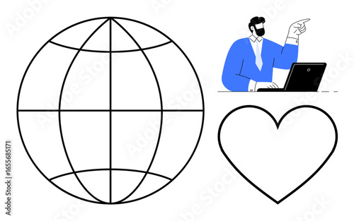 Globe for global reach, man working on laptop gesturing, and heart symbolizing care and empathy. Ideal for teamwork, remote work, global communication, community, connection, compassion simple flat