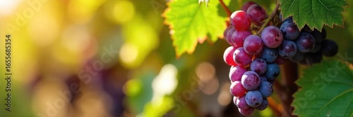 Sun-drenched bunches of ripe winemaker grapes hanging heavy on the vine, ready for harvest Vibrant colors and lush foliage showcase the fruit's perfection , rows of vines, red grapes