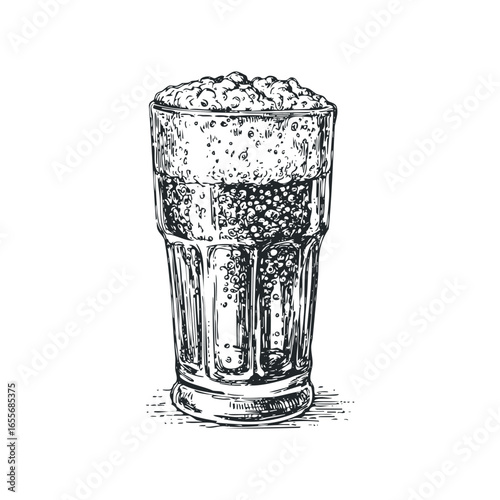 Sketch of a foamy beverage in a tall glass with textured detail