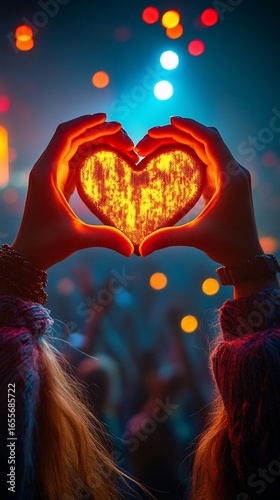 Heart-shaped light held up high, people in background, illuminated with a blue and orange glow