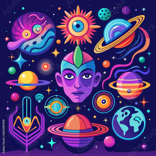 anxiety and schizophrenia — a fractured face melting into neon swirls, glowing eyes, and cosmic distortions that embody inner chaos and hallucinations.