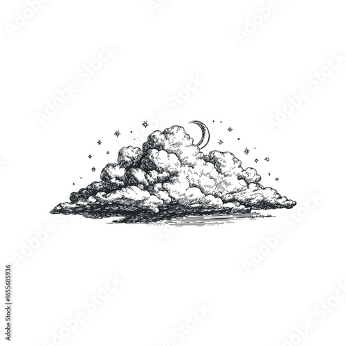 Detailed ink drawing of a large, fluffy cloud with a crescent moon and stars