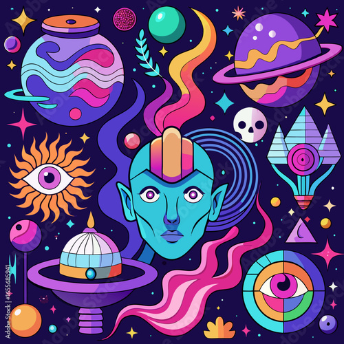 anxiety and schizophrenia — a fractured face melting into neon swirls, glowing eyes, and cosmic distortions that embody inner chaos and hallucinations.