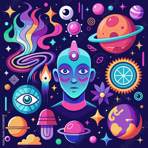 anxiety and schizophrenia — a fractured face melting into neon swirls, glowing eyes, and cosmic distortions that embody inner chaos and hallucinations.