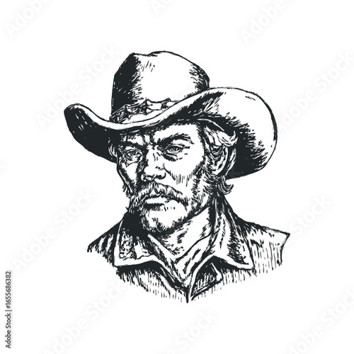 Roughly sketched portrait of a stern man in a cowboy hat