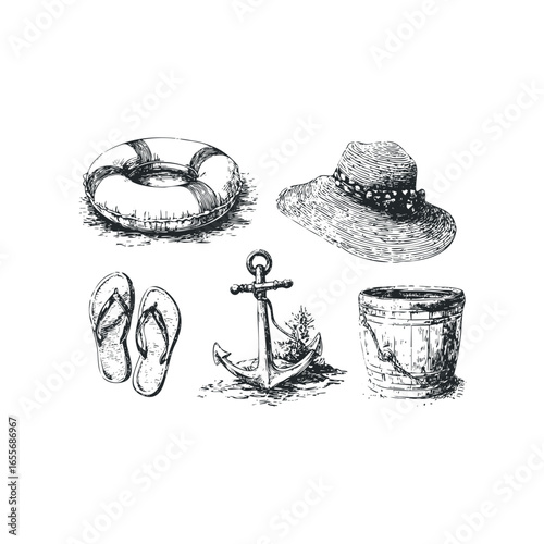 Seaside objects sketched vintage style including anchor, hat, flip flops, bucket, and life preserver