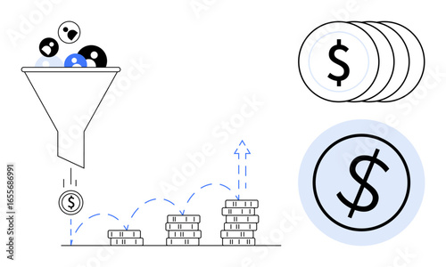 Funnel converting customer leads into profit, coins stacking upward, symbolizing revenue growth. Ideal for marketing, sales, finance, business strategy, investment, conversion optimization simple
