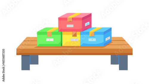 Colorful cardboard boxes stacked on a wooden table for shipping and storage vector illustration