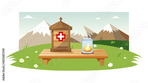 First aid kit and lantern on wooden bench with mountain background vector illustration design art