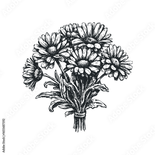 Hand-drawn bouquet of daisy-like flowers with green stems tied together