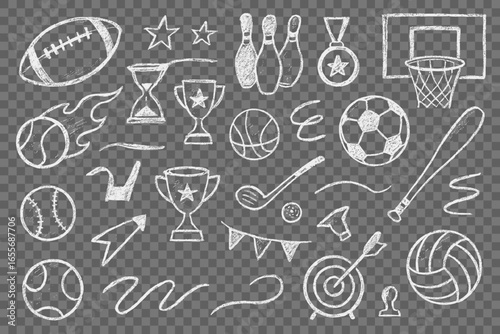 Chalkboard style set of diverse sports equipment icons displaying active recreational elements with trophies and time measuring tools on a transparent background for design