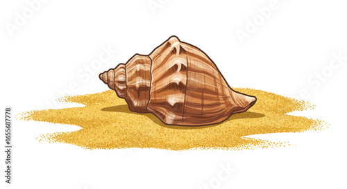 Detailed illustration of a beautiful striped conch seashell lying on golden beach sand, isolated on a white background.