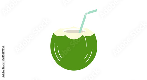 Refreshing Green Coconut Drink with Straw Tropical Summer Beverage Illustration