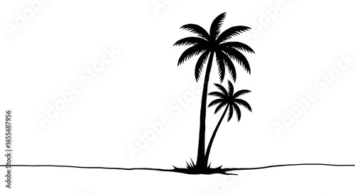 Simple silhouette of two tropical palm trees on a deserted island. Minimalist black and white line art vector for vacation and travel concepts.