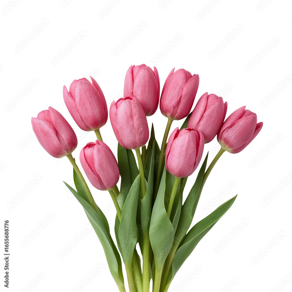 Obraz premium Pink tulips arranged in a bouquet with green leaves on white background 