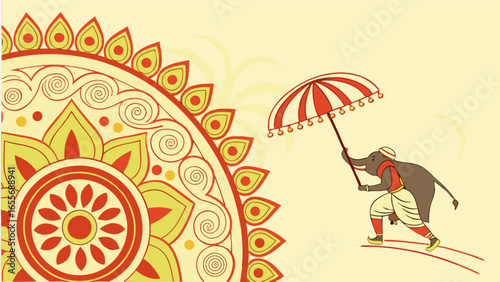Kerala festival onam celebration with elephant procession and pookalam design vector illustration