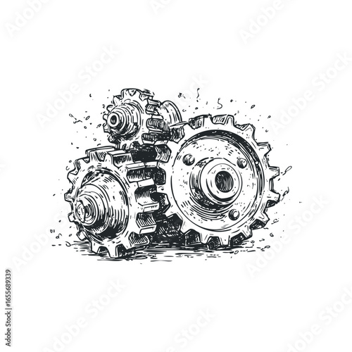 Detailed sketch of interlocking metal gears in a mechanical assembly