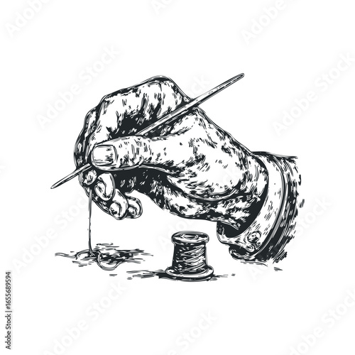 Hand holding needle and thread with spool of thread