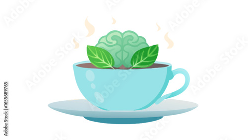Brain boosting tea cup illustration for mental clarity and focus, herbal tea for cognitive function and health