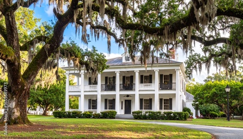 White plantation home, draped in Spanish moss