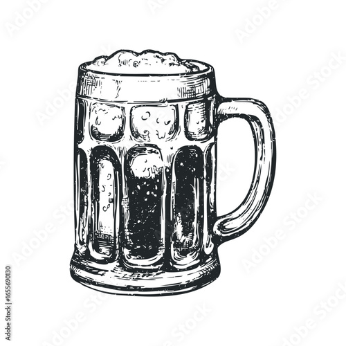 Detailed sketch of a frothy beer mug filled with dark liquid