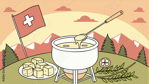 Swiss cheese fondue recipe with bread cubes and swiss flag in alpine landscape illustration vector art