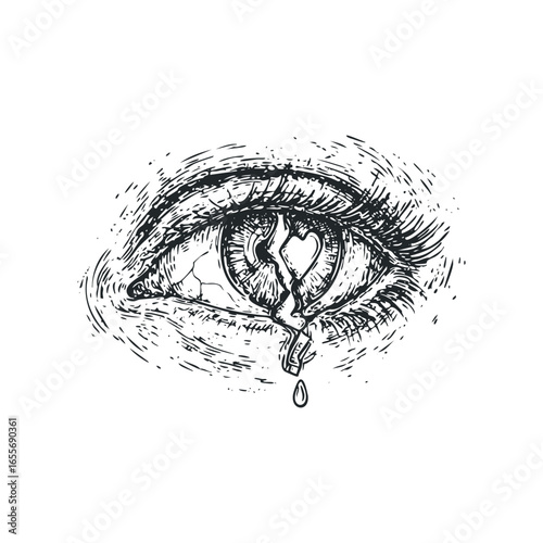 Detailed sketch of an eye with a broken heart reflected in the pupil and a tear falling