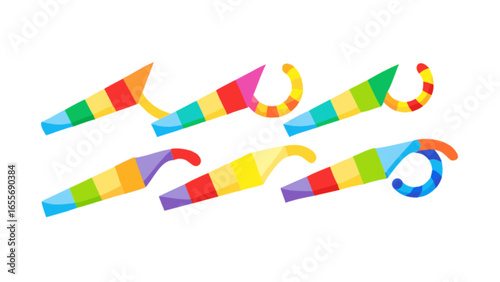 Celebrate new year with colorful party horn noisemakers vector illustration for festive celebrations event 100