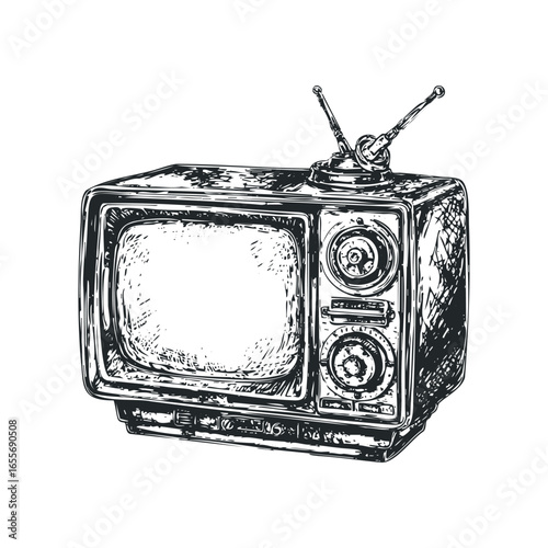 Vintage television set with antennae in a sketch style