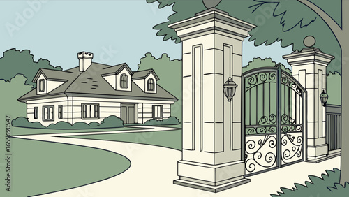 Cartoon mansion estate home with iron gate entrance and long driveway illustration for real estate design