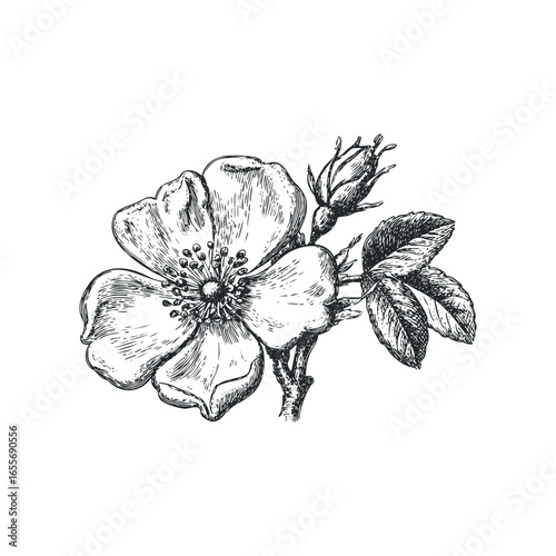 Detailed botanical sketch of a blooming rosehip flower and bud